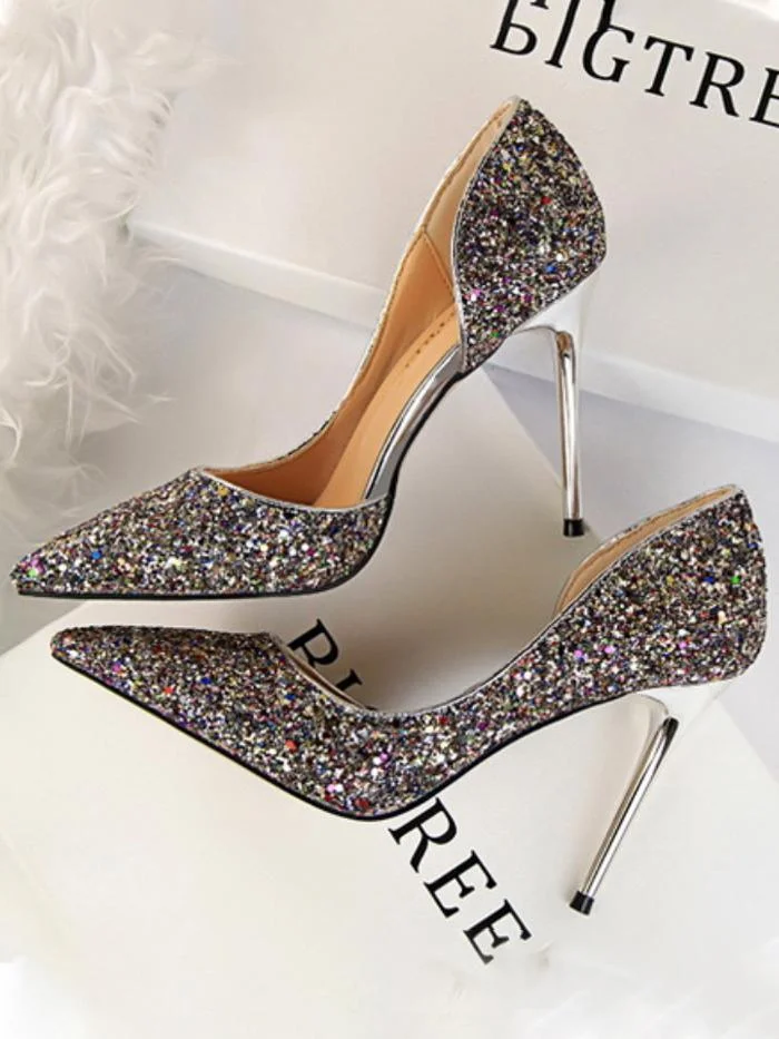 Sexy stiletto high-heeled shallow pointy side hollow sequin single shoes