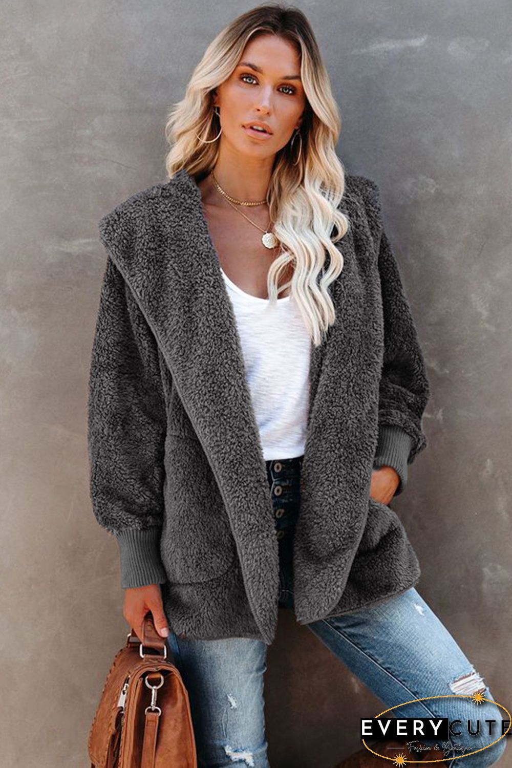 Soft Fleece Hooded Open Front Coat