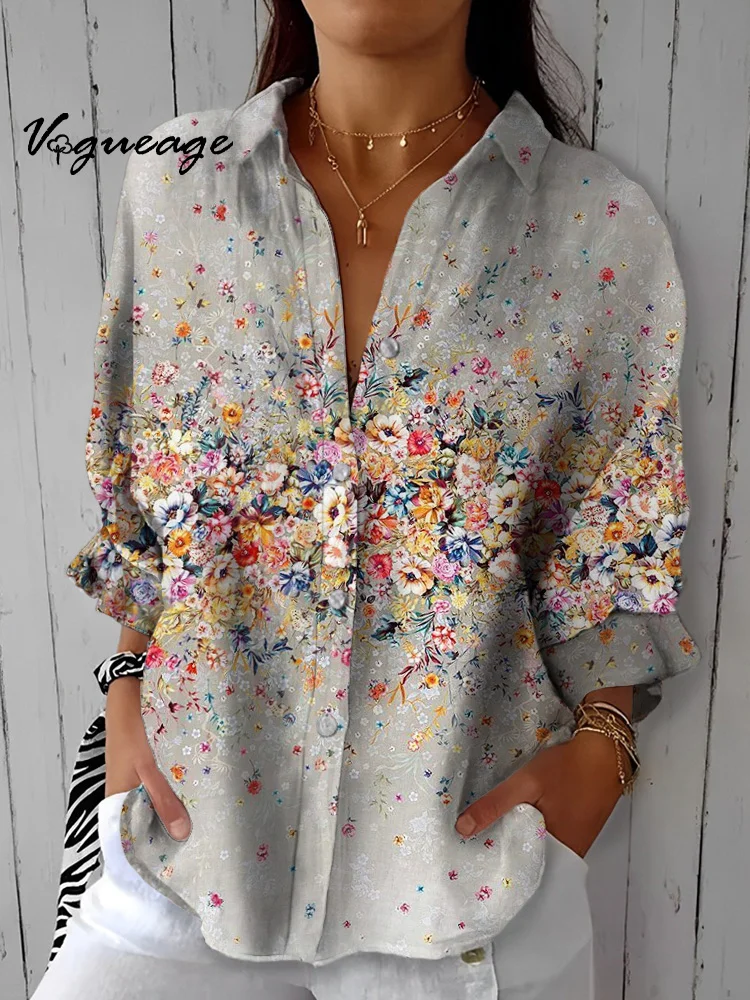 Gentle And Elegant Colorful Flowers Printed Cotton And Linen Shirt