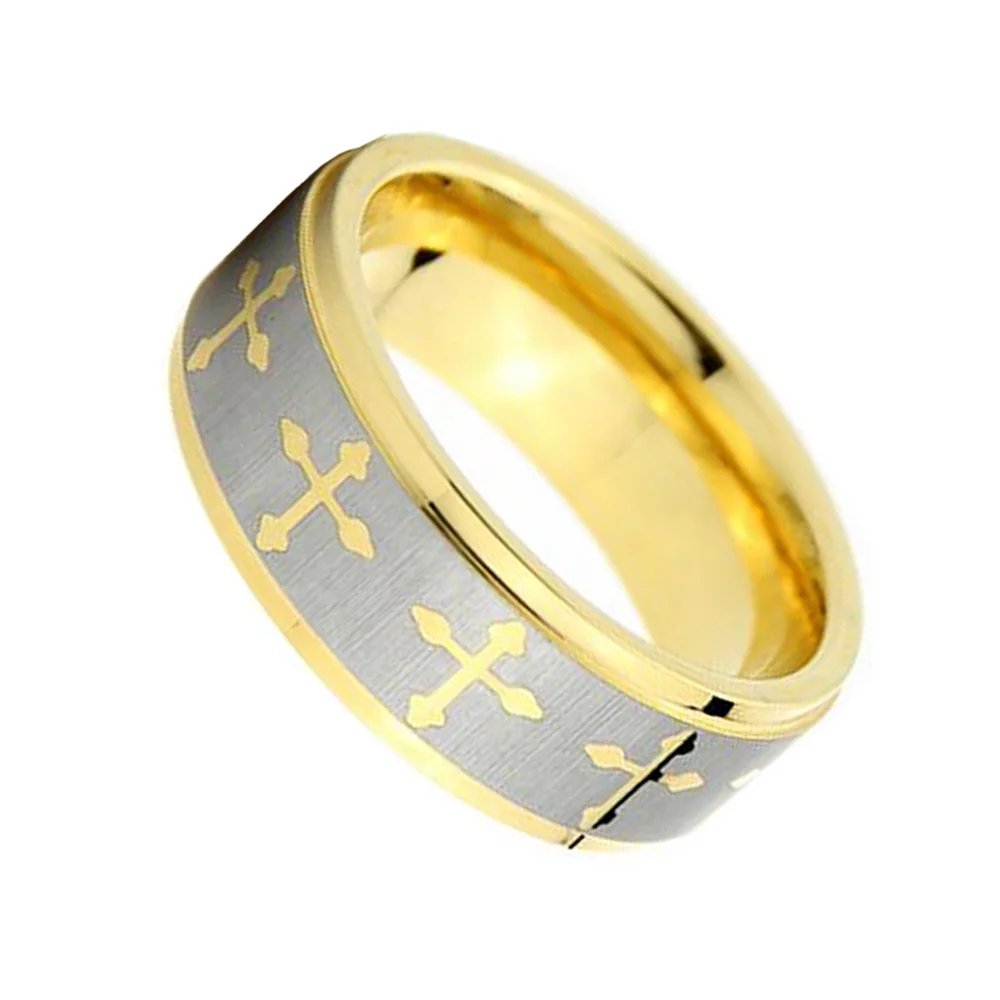 6MM 8MM Tungsten Carbide Gold Celtic Cross Center Silver Brushed Couple Rings