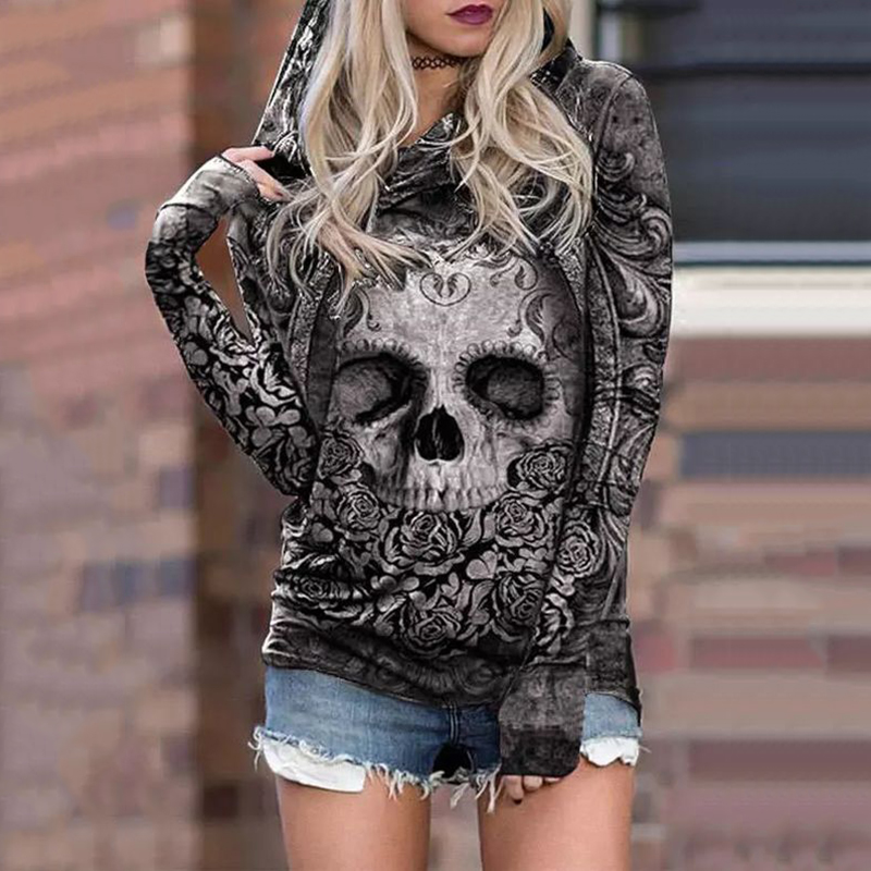 Skull Print Long Sleeve Hoodie wearshes