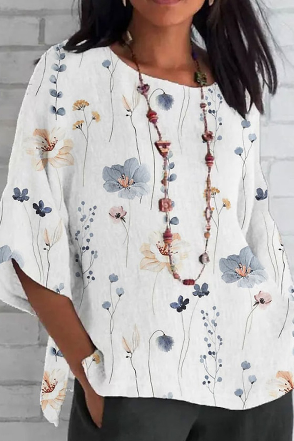 Flycurvy Plus Size Casual White Cotton And Linen Floral Print 3/4 Sleeve Blouse