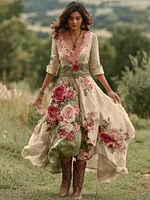 Women's Vintage Floral Art V Neck Linen Blend Maxi Dress - Image 4