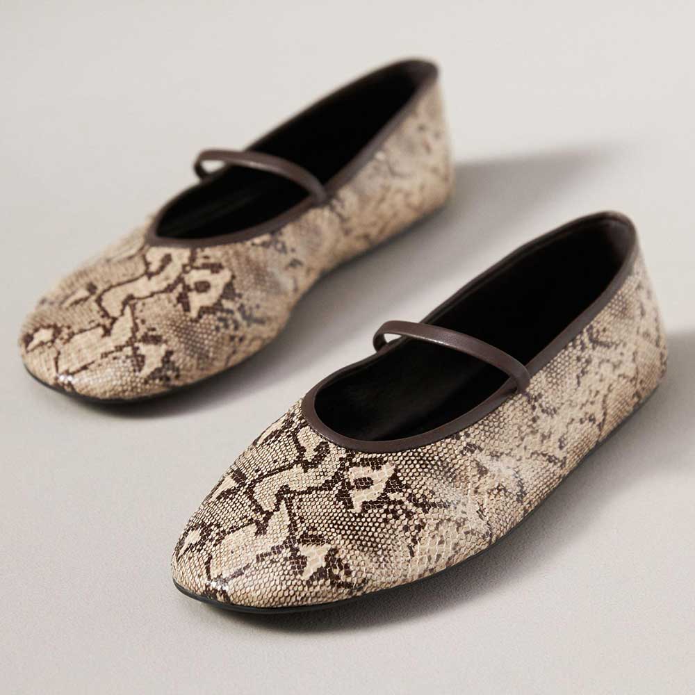 Python Vegan Leather Round Toe Strappy Flat Ballets In Gray & Brown Nicepairs