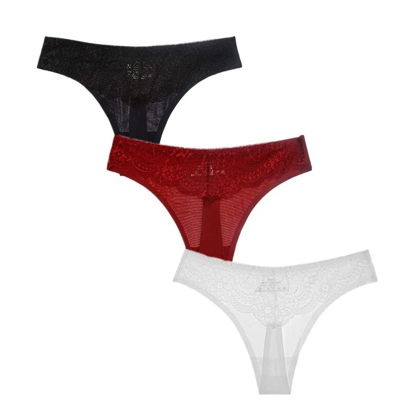 3Pcs/Lot Sexy Women G-string Thongs Lace Floral Sheer Low Waist Underwear Soft Lingerie Ice Silk Briefs Seamless Panties Soft