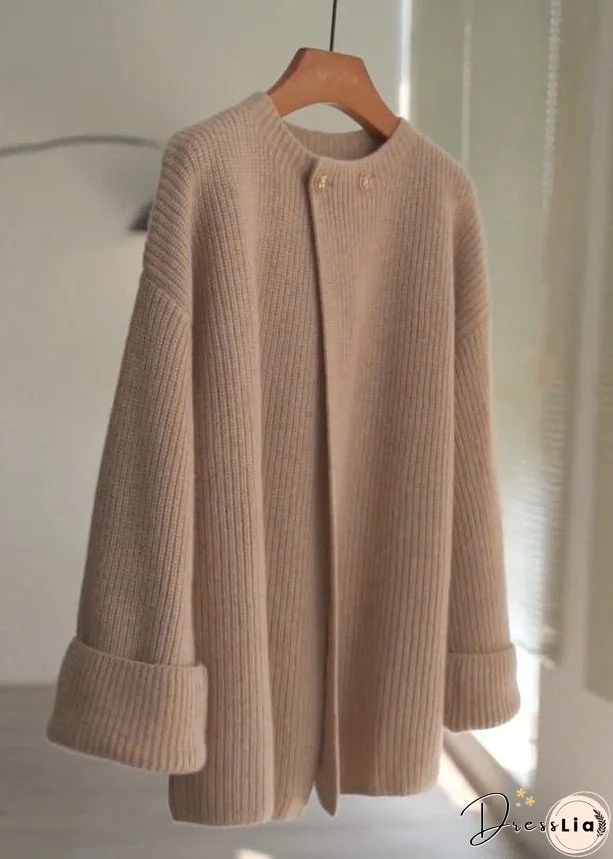 Loose Khaki O Neck Button Patchwork Cotton Knit Tops Fall