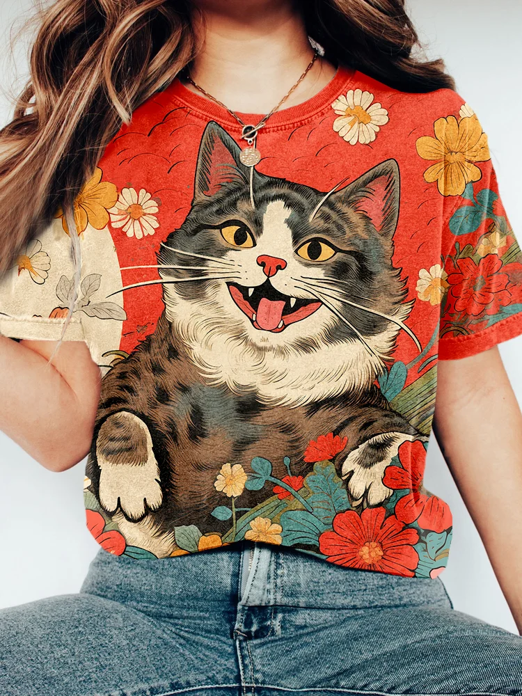 Comstylish Funny Japanese Ukiyo-e Cat Art Vintage T Shirt