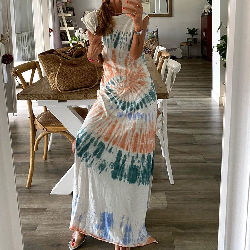 Women Clothing Summer Floral Print Slit Loose Irregular Asymmetric Dress Women