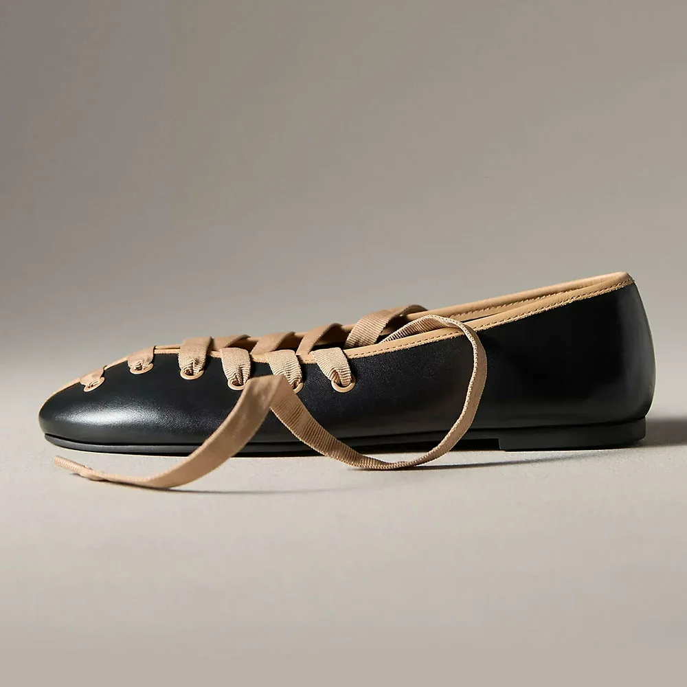 Vintage Black Round Toe Lace Up Ballet Flat Shoes for Women