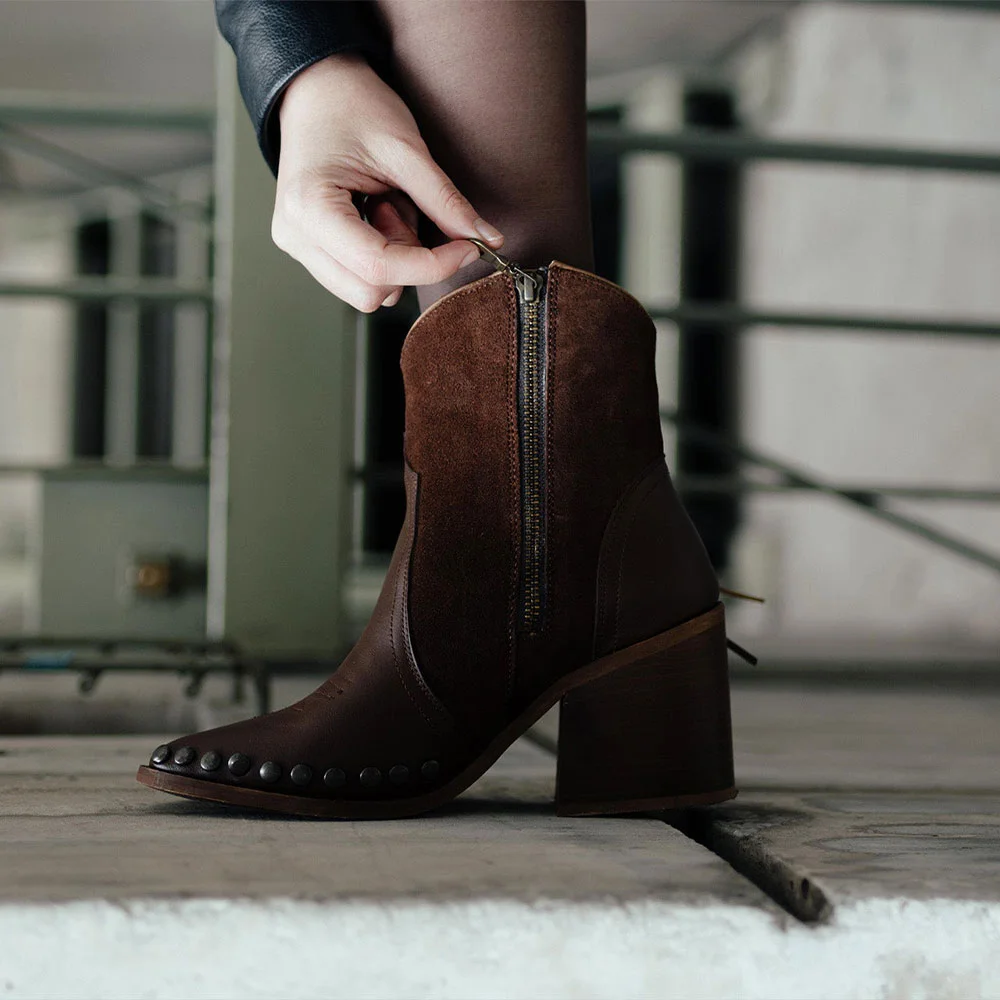 Studded Pointed Toe Button Fringe Ankle Brown Cowboy Boots for Women