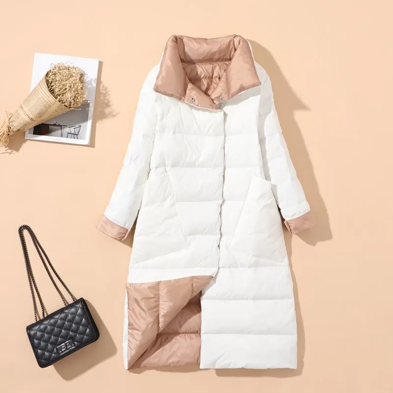 FTLZZ New Autumn Winter Women Double Sided Ultra Light Long Down Coat 90% White Duck Down Parkas Warm Snow Plaid Outwear