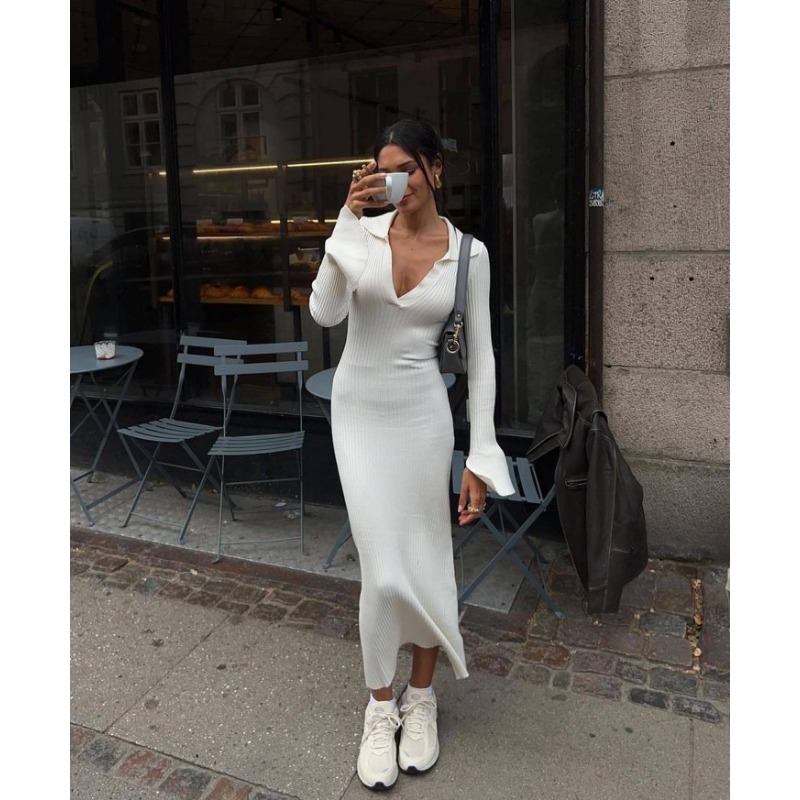 Ootddress White High Waist Knitwear Dress Fashion Women Rib Lapel Autumn 2025 Slim Elegant Long Dress Casual Knit Solid Party Dress