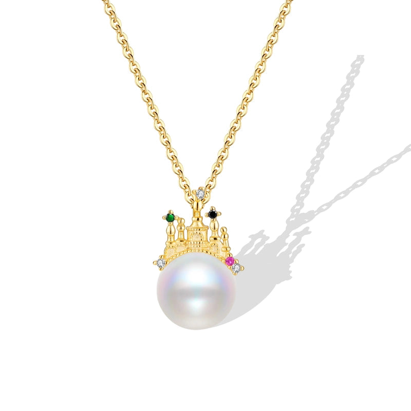 925 Sterling Silver Long-Lasting Plated Shell Pearls Zircon Cable Chain Polishing Plating Inlay Geometric Castle Pendant Necklace