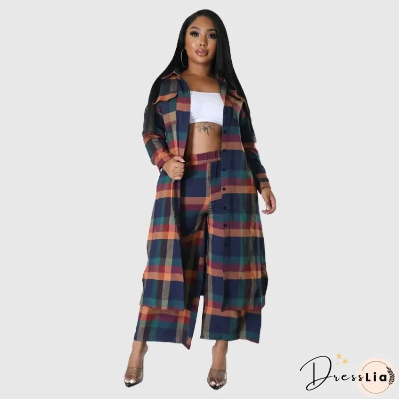 Plaid Shirts Wide Leg Pant Set