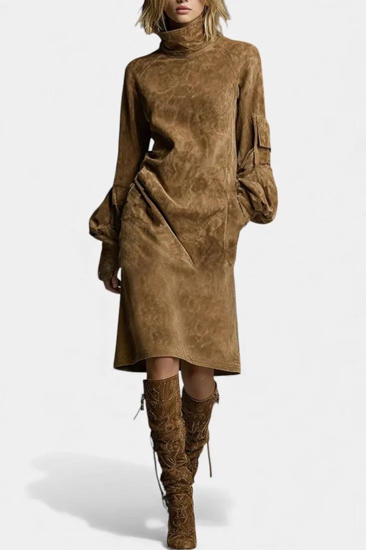 High-Neck Faux Suede Midi Dress with Cargo Sleeves
