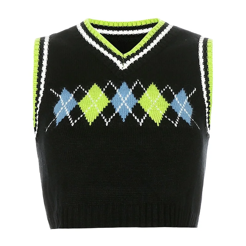 Rapcopter y2k Sweaters Plaid Patched Knitwear Sleeveless V Neck Knitted Tank Top Preppy Style Pullovers Crop Top Autumn Women