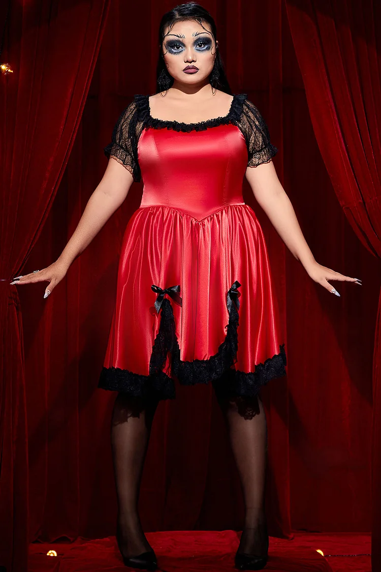 Xpluswear Design Plus Size Halloween Costume Gothic Red Satin Lace Bow Puff Sleeves Ruffle Layered Mini Dress 