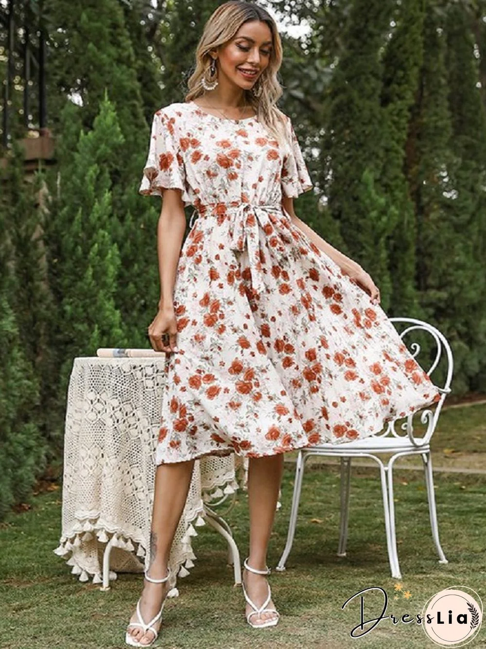 Printed Lotus Leaf Sleeve Round Neck Dress