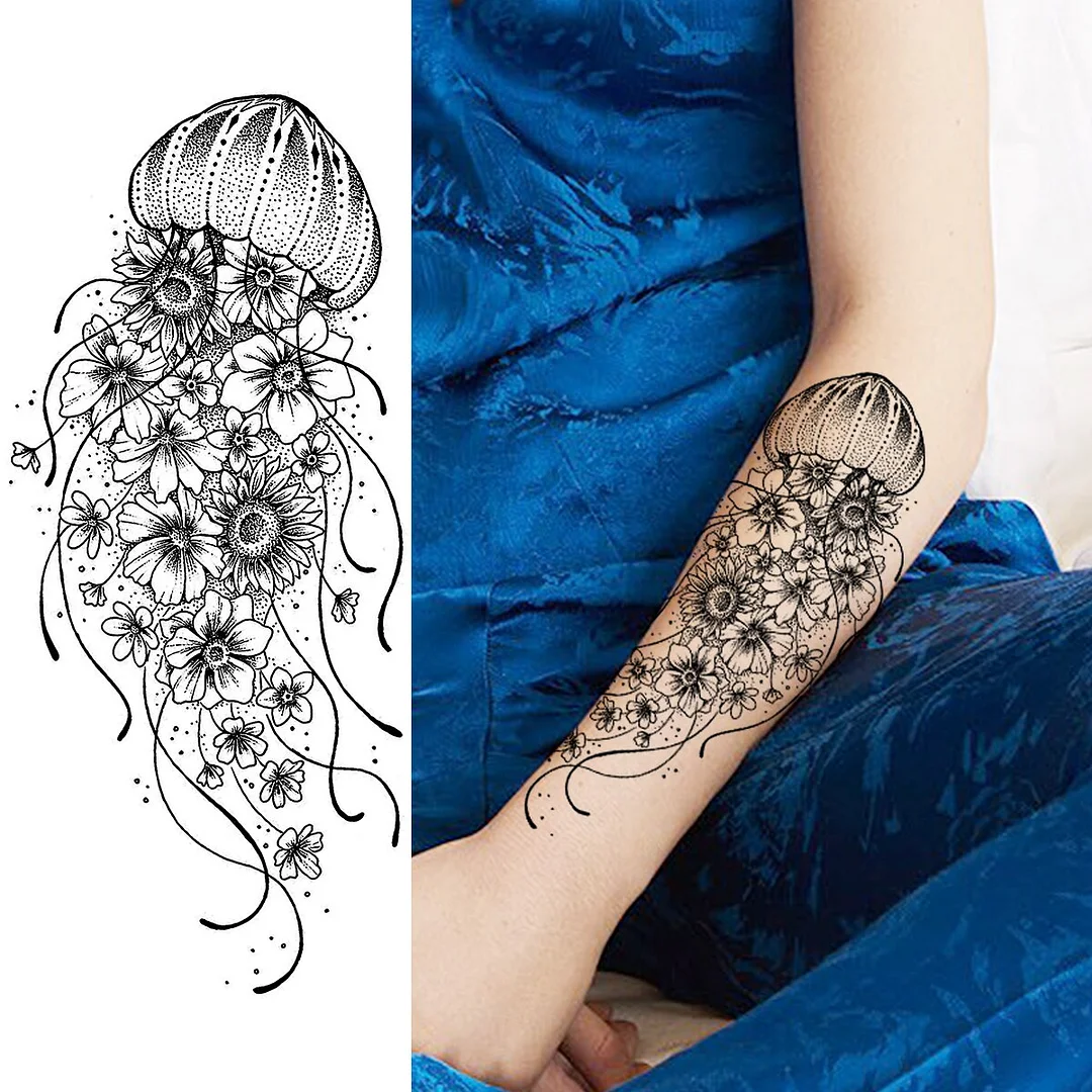 3D Black Jellyfish SunFlower Temporary Tattoos For Women Adult Rose Peony Moon Fake Tattoo Waterproof Body Art Tatoo Decal