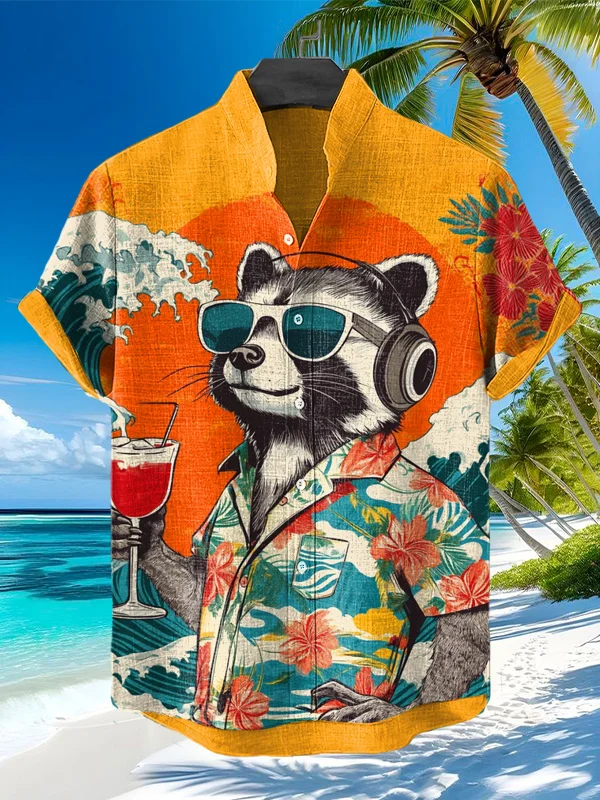 Men's Raccoon Listening To Music Sea Wave Print Shirt