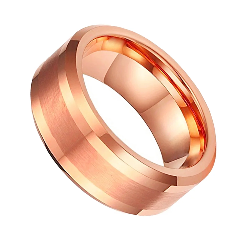8MM Rose Gold Center Brushed Tungsten Carbide Men Rings Polished Bevel Edge