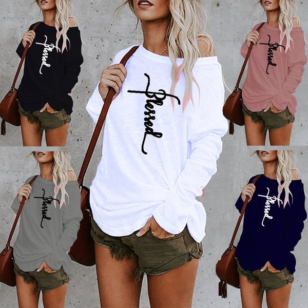 XS-5XL Plus Size Pullover Tops Women Letter Printed Long Sleeve Shirt Round Collar Loose Blouses - Shop Trendy Women's Fashion | TeeYours