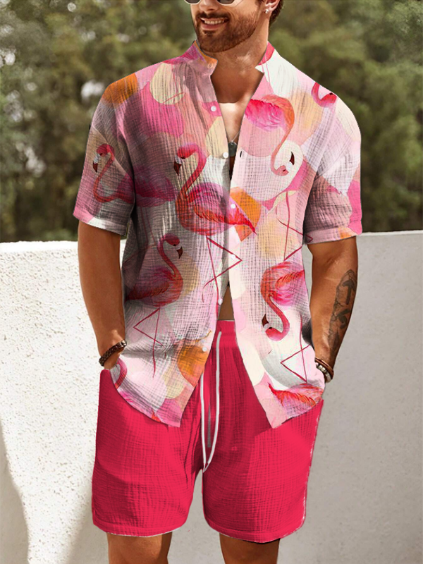 Men's Vacation Flamingo Art Print Short Sleeve Shirt Set