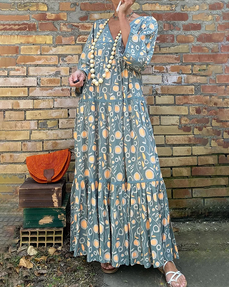 V-Neck Bohemian Print Dress