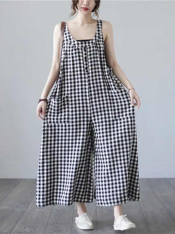 Original Simple Casual Artistic Retro Plaid Wide Legs Jumpsuits