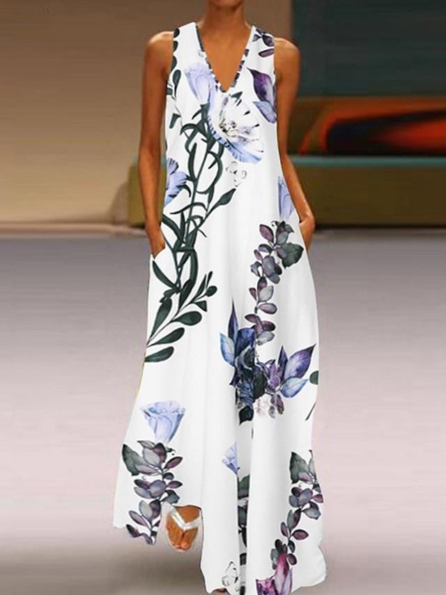 Women's A-Line Dress Maxi Long Dress Sleeveless Floral Print Summer V Neck Plus Size Hot Casual Holiday Loose White Blue Yellow White Dresses