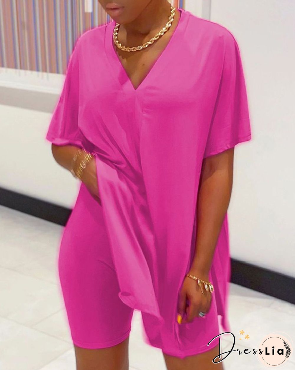 Batwing Sleeve Slit Top & High Waist Shorts Set