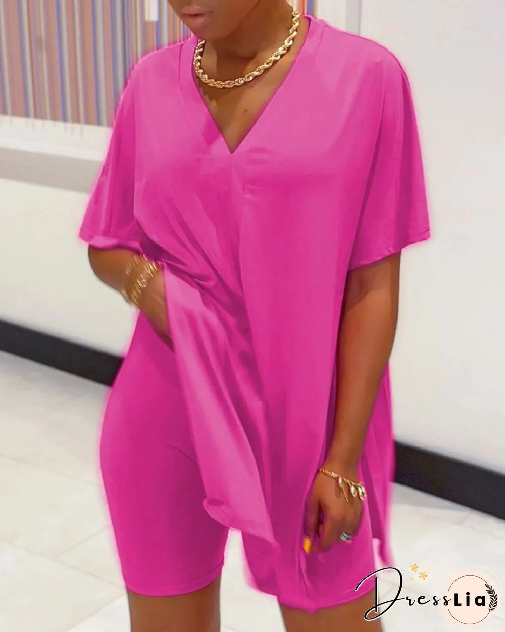 Batwing Sleeve Slit Top & High Waist Shorts Set