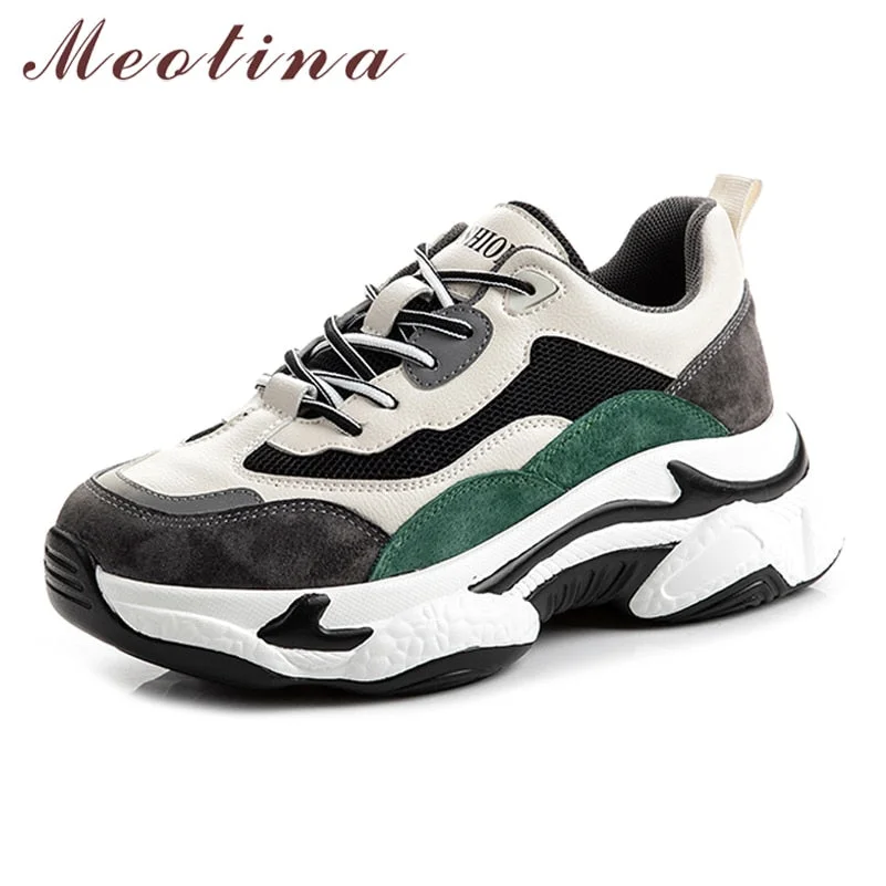 Meotina Flats Sneakers Women Shoes Genuine Leather Flat Platform Shoes Mixed Colors Round Toe Causal Shoes Female  Autumn Winter