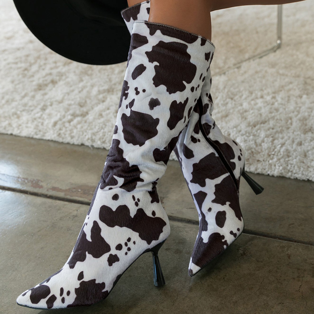 Women's Pointed Toe Cow Print Side Zipper Flared Heel Mid Calf Boots Nicepairs