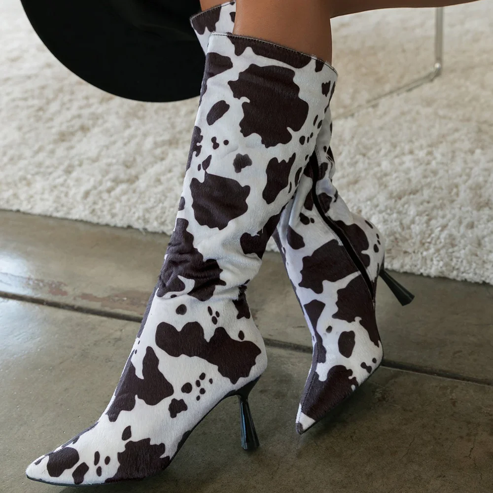 Milk Cow Texture Leather Knee Boots Pointed Toe Knee Boots Nicepairs