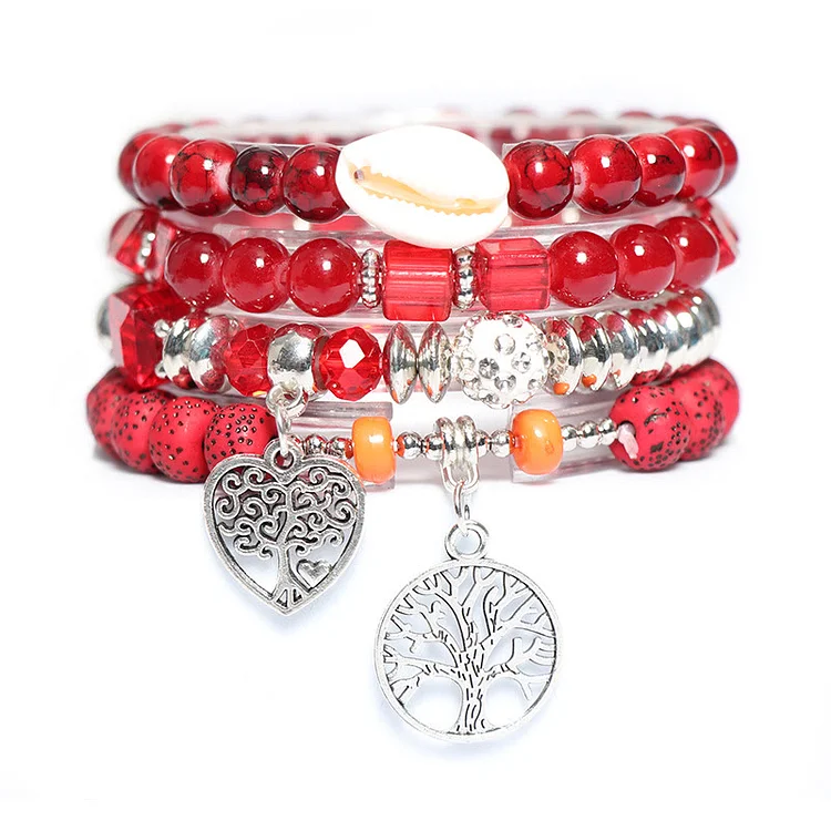 Olivenorma Tree Of Life Heart Pendant Beaded Bracelet Set