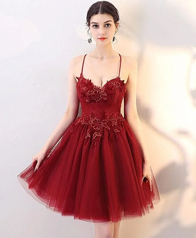 Burgundy Lace Tulle Short Prom Dress