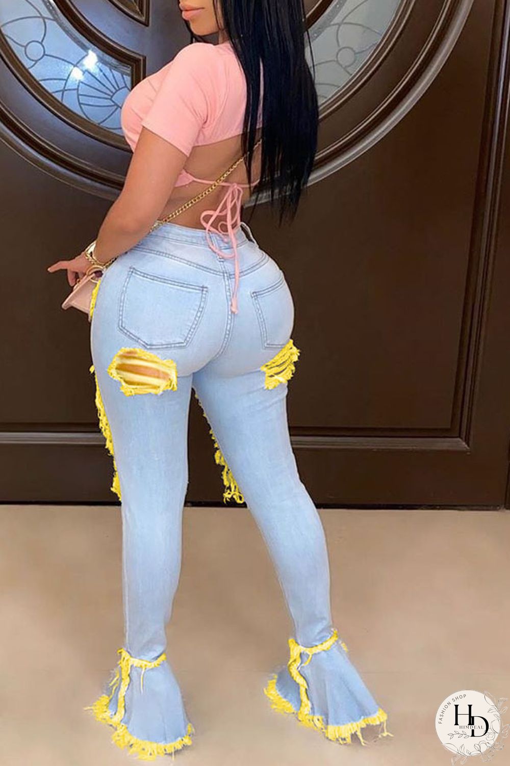 Dark Yellow Orange Light yellow Dark Yellow Light orange Denim Zipper Fly Mid Hole Boot Cut Pants Bottoms