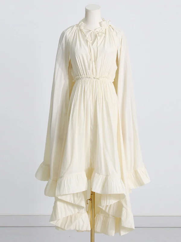Cloak Sleeves Loose Floral Pleated Solid Color Split-Joint V-Neck Maxi Dresses