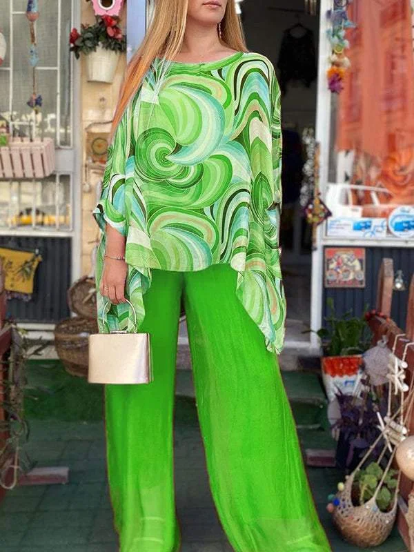 Style & Comfort for Mature Women Casual 3/4 Sleeve Printed Chiffon Tops & Pants Sets