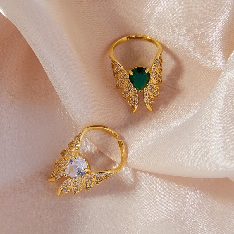 Copper 18K Gold Plated Inlay Water Droplets Wings Rhinestones Zircon Rings