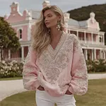 Women's Vintage Flower Embroidery Art V-neck Casual Sweatshirt - Image 2