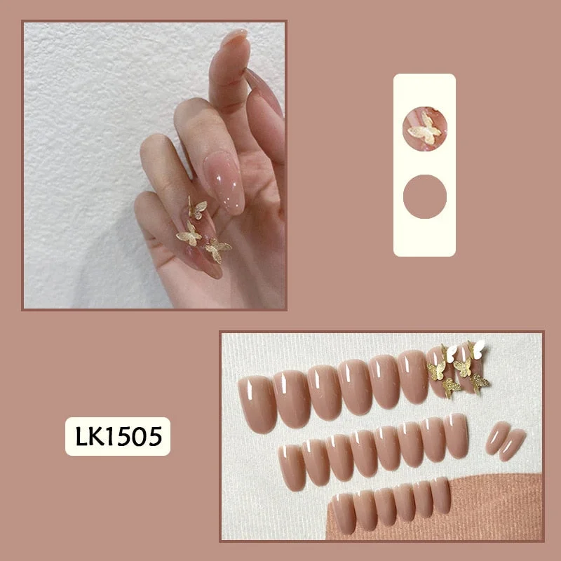 24pcs Butterfly Print Nails Patch Glue Type Long Paragraph Fashion Manicure Patch False Nails Save Time Nail Patch New SANA889-Nail Inspo