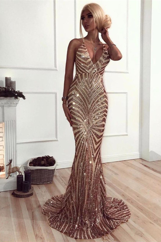 Bellasprom Spaghetti-Straps Sequins Mermaid Prom Dress Long V-Neck Bellasprom