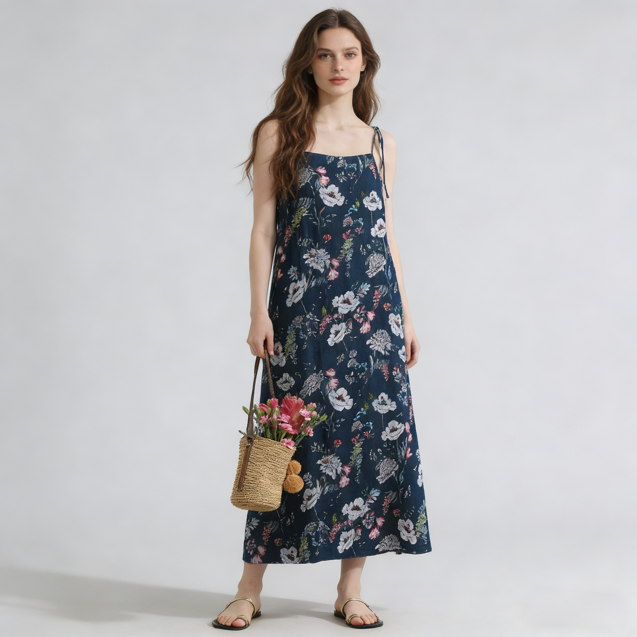Linen Midi Dress Women 100% Linen Floral Square Neck Summer Dress REAL SILK LIFE
