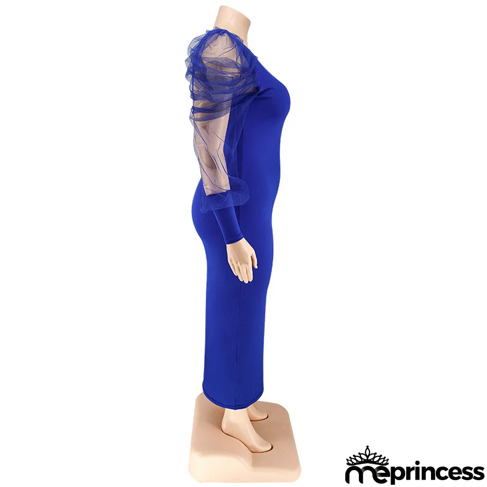 Plus Size Fall Women'S Round Neck Ruched Mesh Long Sleeve Solid Color Long Dress