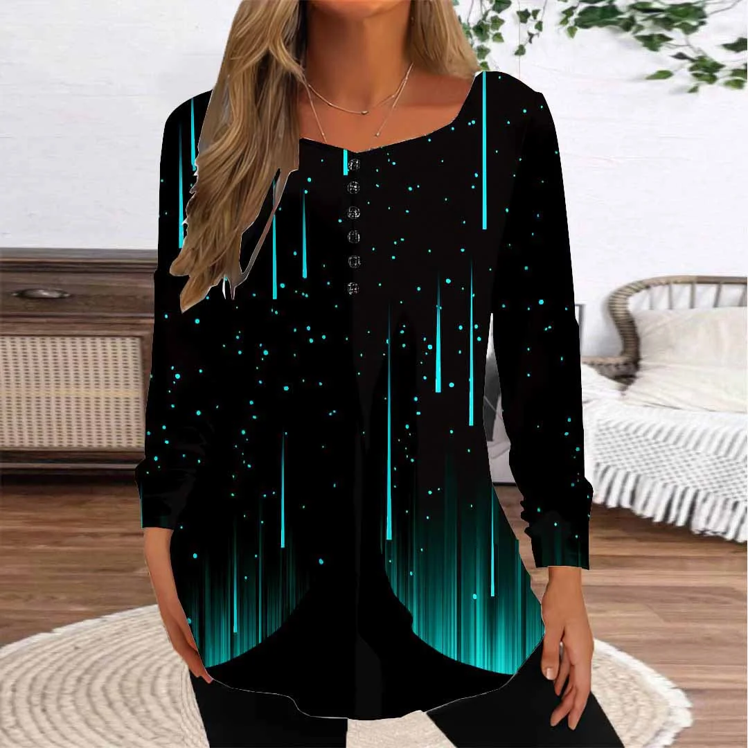 Women Striped,Green DZGG8354 Long Sleeve Scoop Neck Printed Graphic Button Fake 2in1 Tops