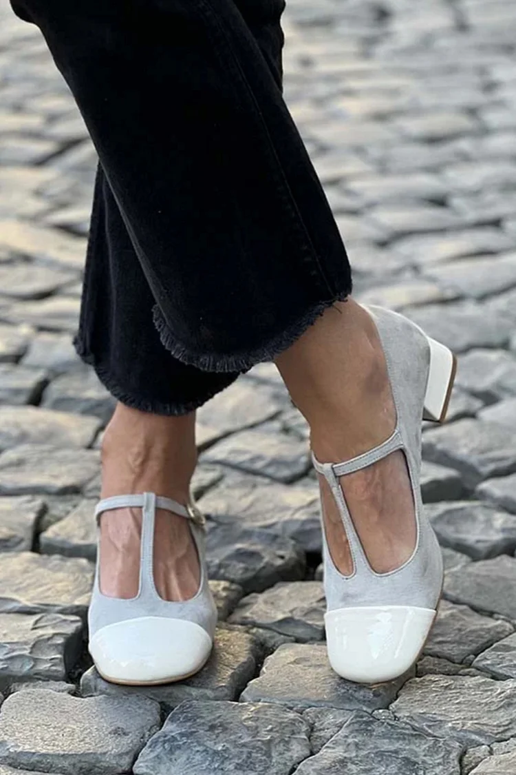 Patchwork T-Strap Buckle Round Toe Gray Low Heels