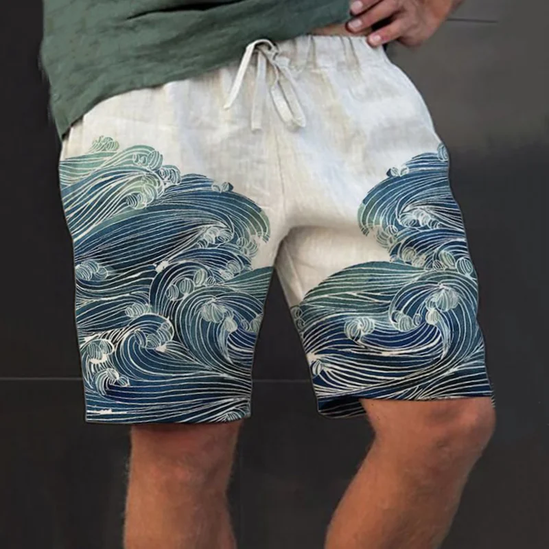 Men'S Wave Japanese Art Print Casual Shorts