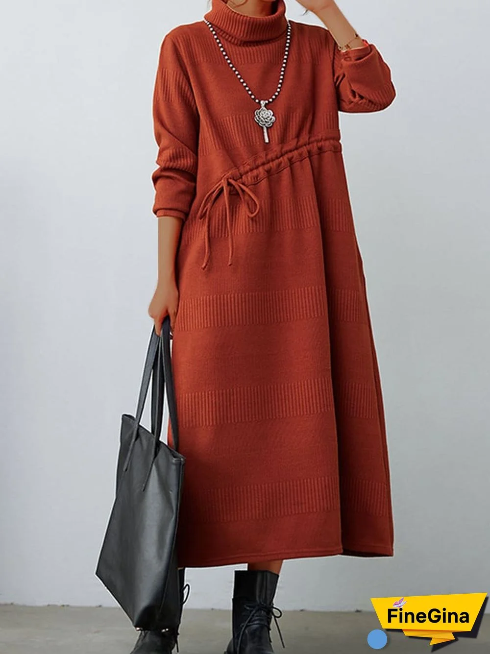 Women's Fall Winter Fashion Knit Layering Drawstring Tie-Waisted Jacquard Dresses